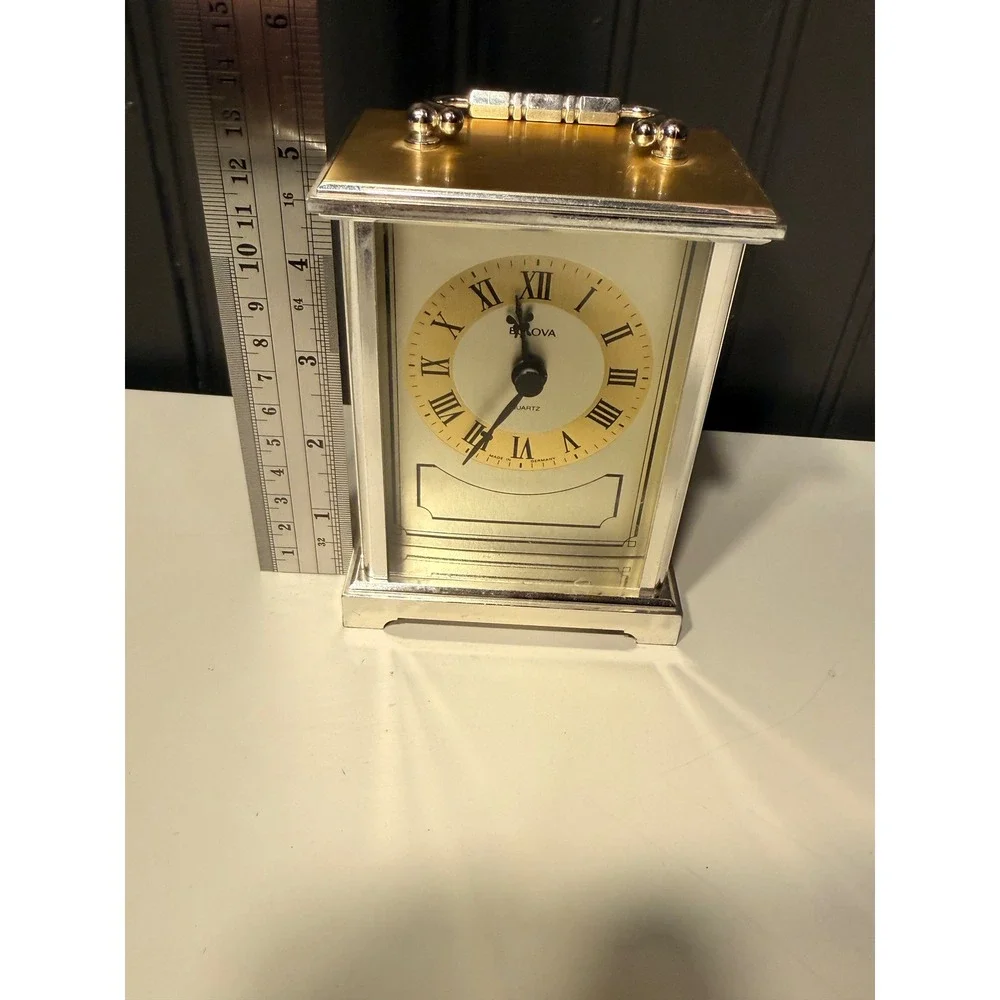 Bulova Quartz Carriage Clock Two Tone Silver Gold Roman Numeral Made in Germany
